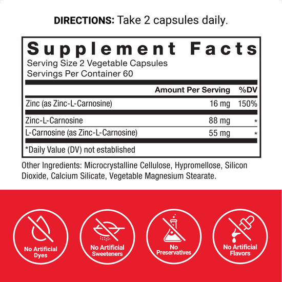 Supplement Facts Panel and Nutrition Information of Force Factor Zinc L-Carnosine Supplement