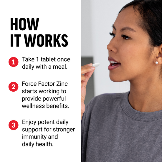 Woman preparing to take a Zinc tablet, next to instructions explaining dosage and benefits.