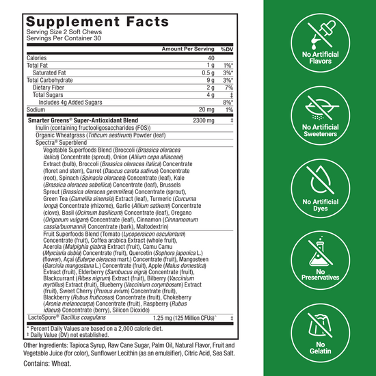 Supplement Facts Panel and Nutrition Information of Force Factor Smarter Greens Soft Chews Supplement