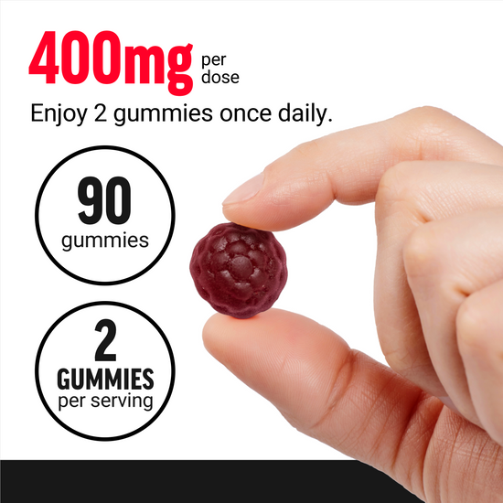 Hand holding red Longjack Tongkat Ali gummy with text showing 400mg per dose, 60 gummies, and 2 gummies per serving