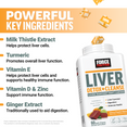 Force Factor Liver Detox+Cleanse key ingredients including milk thistle, turmeric, vitamins E and D, zinc, and ginger.