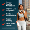 Fit woman smiling outdoors with checkmarks listing benefits: metabolism, lean body mass, gentle digestion, vegan, third-party tested.