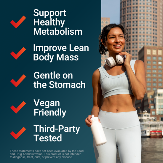 Fit woman smiling outdoors with checkmarks listing benefits: metabolism, lean body mass, gentle digestion, vegan, third-party tested.