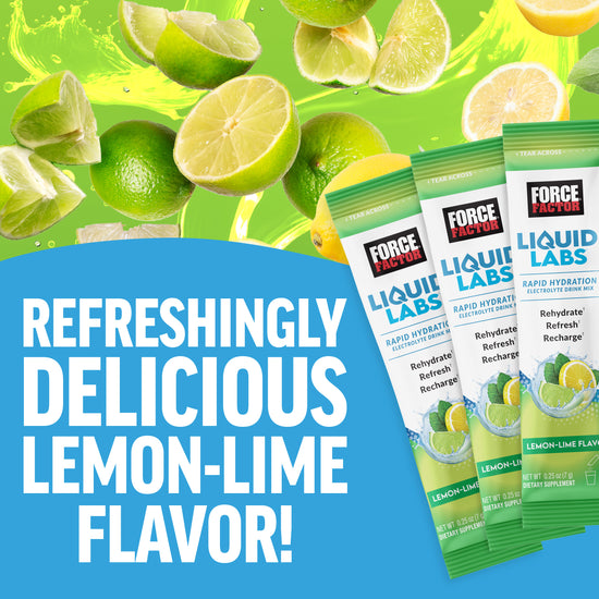 Three packages of Force Factor Liquid Labs in lemon-lime flavor with green lime slices in the background.