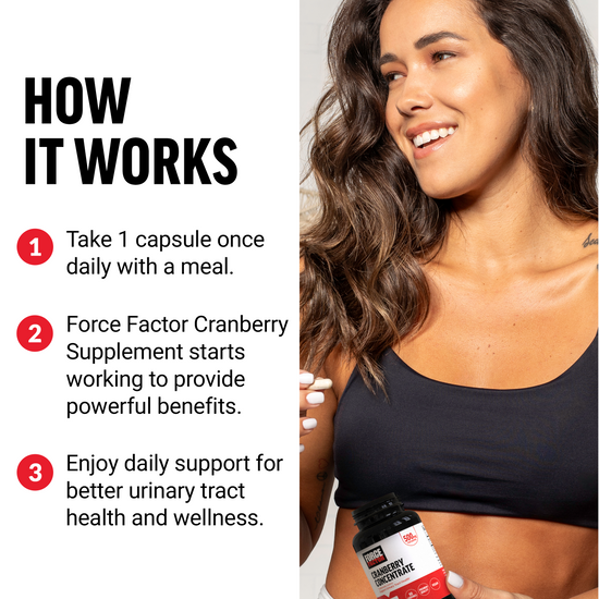 Smiling woman holding Force Factor Cranberry Concentrate bottle with How It Works instructions to take 1 capsule daily for urinary tract support
