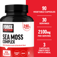 Force Factor Sea Moss Complex bottle with text showing 90 vegetable capsules, 30 servings, 2100mg per serving, and 3 capsules daily with a meal