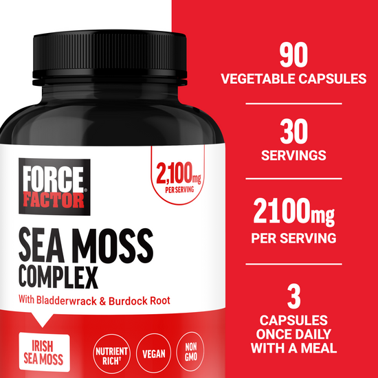 Force Factor Sea Moss Complex bottle with text showing 90 vegetable capsules, 30 servings, 2100mg per serving, and 3 capsules daily with a meal
