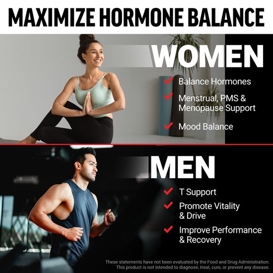 Split image showing women’s and men’s benefits of hormone balance including PMS, mood, vitality, and performance.