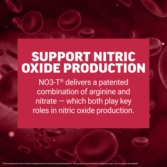 Red blood cell background with text explaining NO3-T delivers patented arginine and nitrate to support nitric oxide production