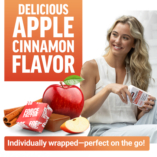 Woman smiling while holding Splendid Cinnamon soft chews, next to apple, cinnamon sticks, and chews, highlighting apple cinnamon flavor.