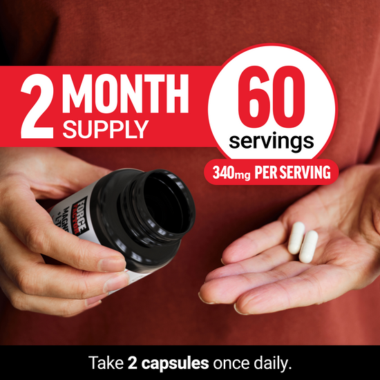 Close-up of hands holding Force Factor capsules; red label highlights 2-month supply, 60 servings, and 340mg per serving.