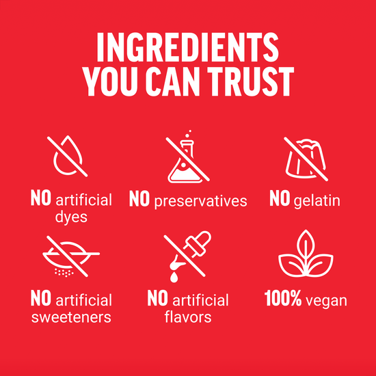 Red background with icons and text: No dyes, preservatives, gelatin, sweeteners, flavors; 100% vegan; “Ingredients You Can Trust.”
