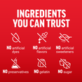Ingredients You Can Trust infographic with no artificial dyes, flavors, sweeteners, preservatives, gelatin, or sugar