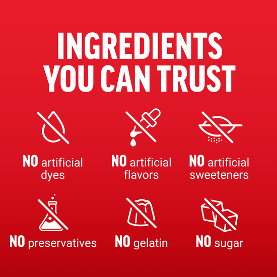 Ingredients You Can Trust infographic with no artificial dyes, flavors, sweeteners, preservatives, gelatin, or sugar