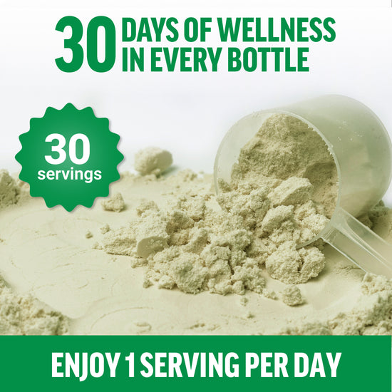 30 servings of wellness powder with a scoop, promoting daily serving for optimal health benefits.