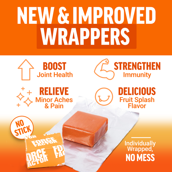 New and improved Force Factor Better Turmeric Soft Chews chewable supplement with no-stick wrapper, boosting joint health, strengthening immunity, and relieving pain.
