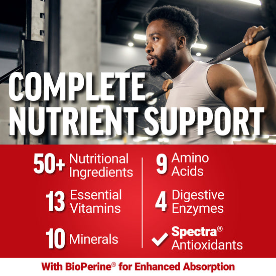 Man lifting barbell with text promoting complete nutrient support including vitamins, minerals, and amino acids.