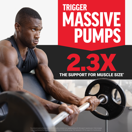 Muscular athlete performing barbell curls with headline promoting massive muscle pumps