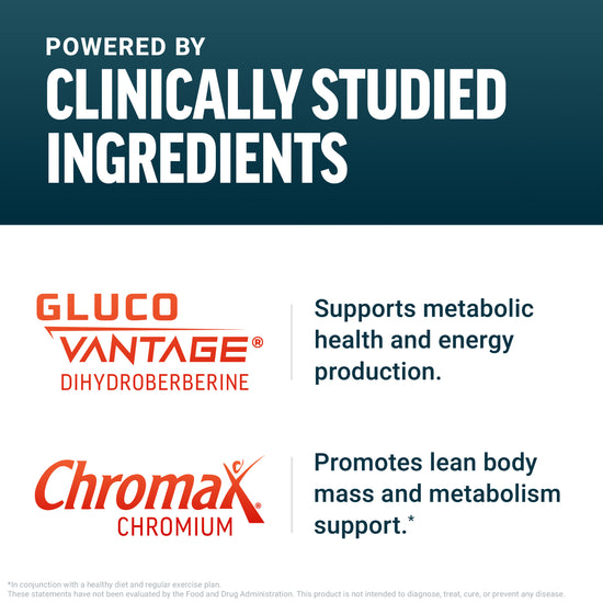 GlucoVantage Dihydroberberine and Chromax Chromium logos highlighting clinically studied ingredients for metabolic health and lean body mass