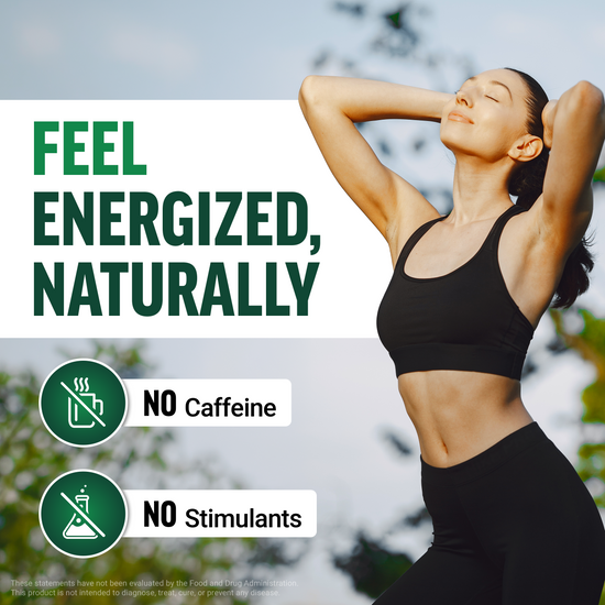 Woman stretching outdoors with text showing Force Factor Modern Moringa helps you feel energized naturally with no caffeine or stimulants