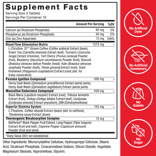 Supplement facts for Score! Hardcore, listing ingredients and compounds for performance, stamina, and thermogenic benefits.