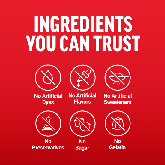 Seven icons with text stating "Ingredients You Can Trust" and listing various items to avoid in supplements.