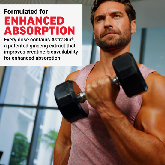 Man lifting dumbbell with callout on AstraGin for improved creatine absorption and enhanced bioavailability.