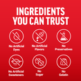 Ingredients you can trust infographic with icons showing no artificial dyes, flavors, preservatives, sweeteners, sugar, or gelatin