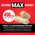 Two capsules labeled 400mg DIM, promoting triple-action hormone support with broccoli extract and calcium D-glucarate.