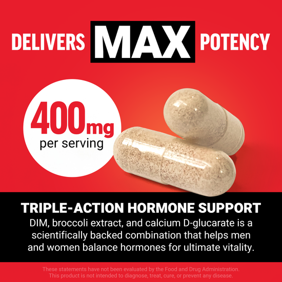 Two capsules labeled 400mg DIM, promoting triple-action hormone support with broccoli extract and calcium D-glucarate.