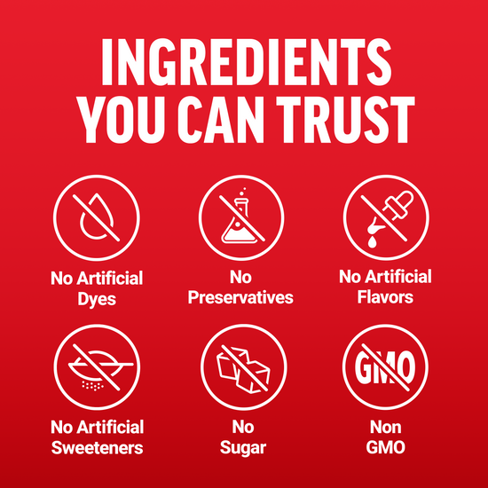Ingredients You Can Trust infographic with no artificial dyes, preservatives, flavors, sweeteners, sugar, and non-GMO