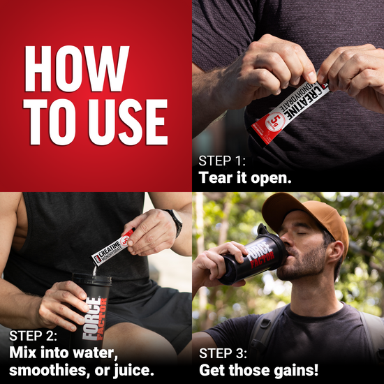 Four-panel guide showing man tearing creatine stick, mixing into drink, and drinking shaker labeled Force Factor.