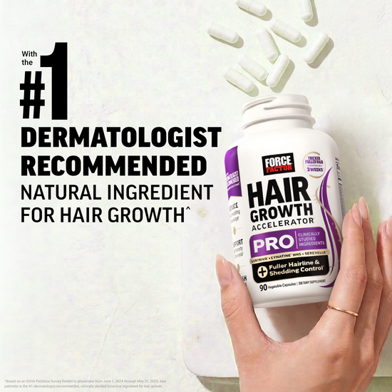 Hand holding Force Factor Hair Growth Accelerator Pro bottle with #1 dermatologist-recommended ingredient callout