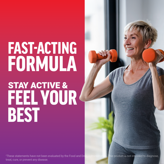 Smiling woman lifting weights, highlights fast-acting formula to stay active and feel best.