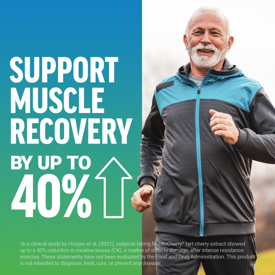 Man running with callout: “Support muscle recovery by up to 40%” with tart cherry extract.
