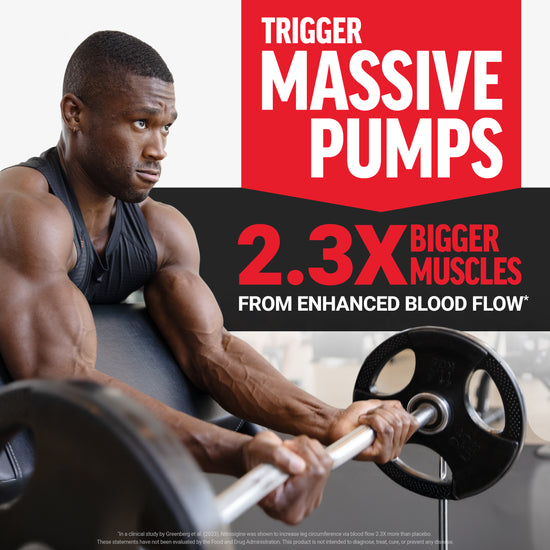 Muscular athlete performing barbell curls with headline promoting massive muscle pumps from enhanced blood flow