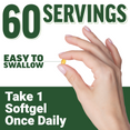 Hand holding a small yellow softgel with 60 servings and once daily dosage instructions