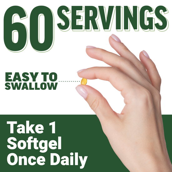 Hand holding a small yellow softgel with 60 servings and once daily dosage instructions