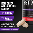 Force Factor Test X deep sleep matrix featuring GABA, 3mg melatonin, ashwagandha, and L-theanine for calm and stress support