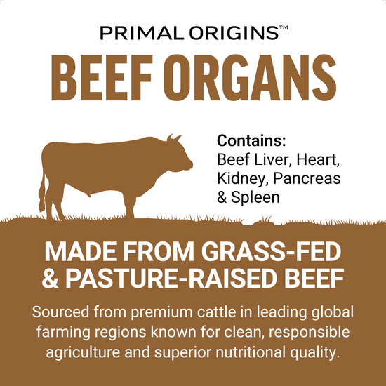 Beef Organs label highlighting grass-fed, pasture-raised beef liver, heart, kidney, pancreas, and spleen.