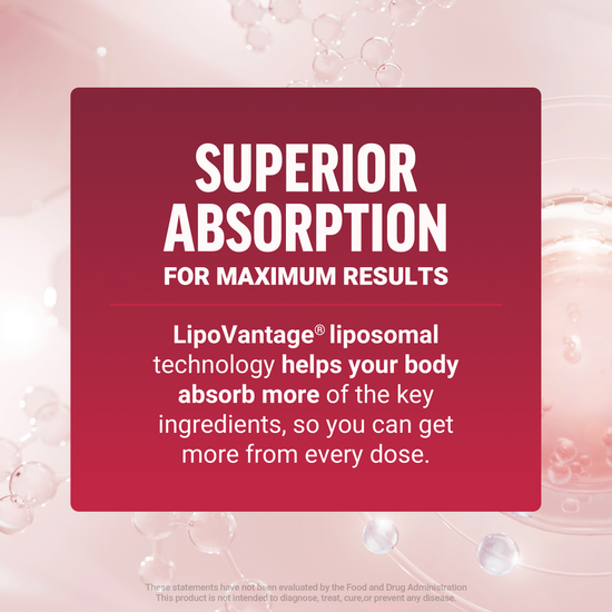 Text promoting LipoVantage® liposomal technology for better absorption of key ingredients in each dose.
