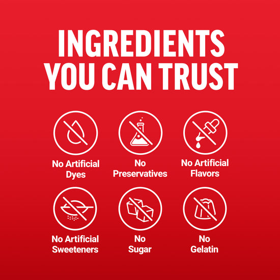 Trustworthy ingredients: No artificial dyes, preservatives, flavors, sweeteners, sugar, or gelatin.