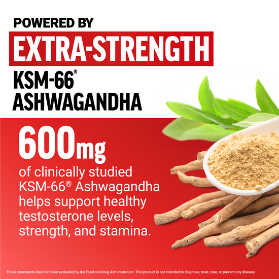 KSM-66 Ashwagandha supports testosterone, strength, and stamina with 600mg dosage.