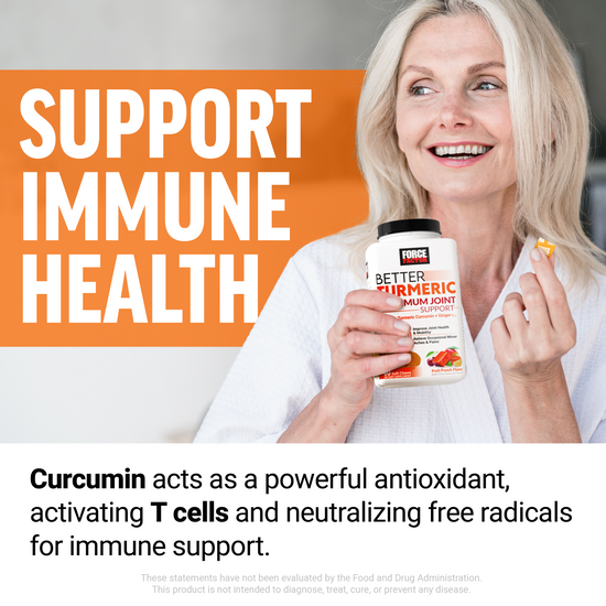 Smiling woman holding Better Turmeric bottle and chew with text highlighting immune health and antioxidant benefits.