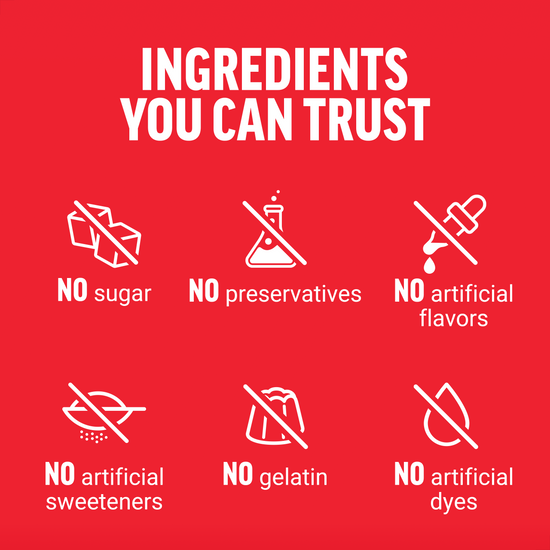 Ingredients you can trust: no sugar, preservatives, artificial flavors, sweeteners, gelatin, or dyes.
