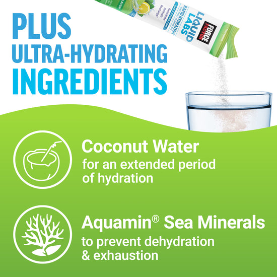 Coconut water and Aquamin® sea minerals improve hydration and prevent dehydration and exhaustion in a clear glass.