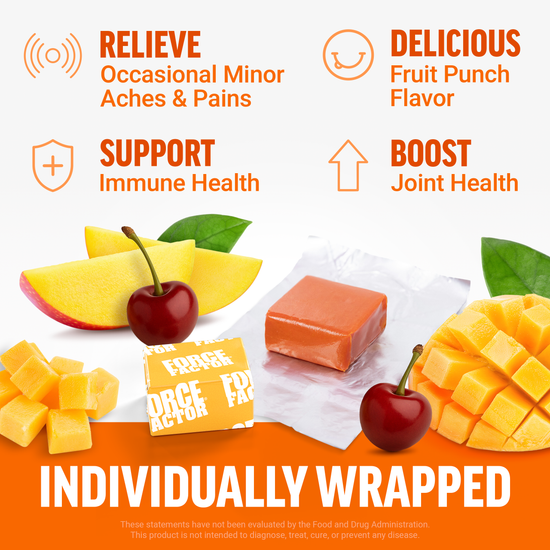 Force Factor Better Turmeric fruit punch flavor soft chew relieving minor aches, supporting immune health, and boosting joint health, individually wrapped