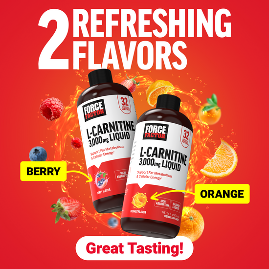 Two Force Factor L-Carnitine bottles with fruit splashes, promoting berry and orange flavors and 3000mg high absorption formula.