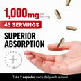 Open hand catching softgel capsules beside text highlighting 1,000mg per serving, 45 servings, and superior absorption.
