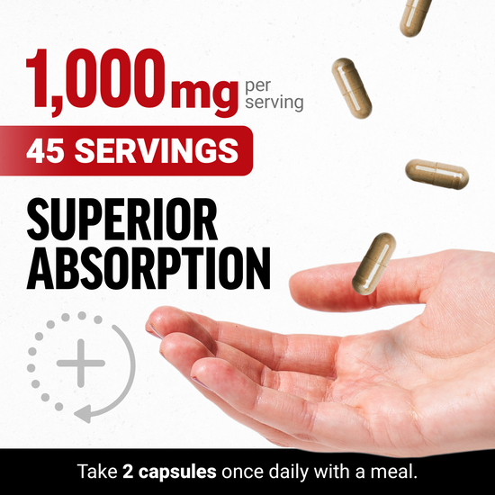 Open hand catching softgel capsules beside text highlighting 1,000mg per serving, 45 servings, and superior absorption.